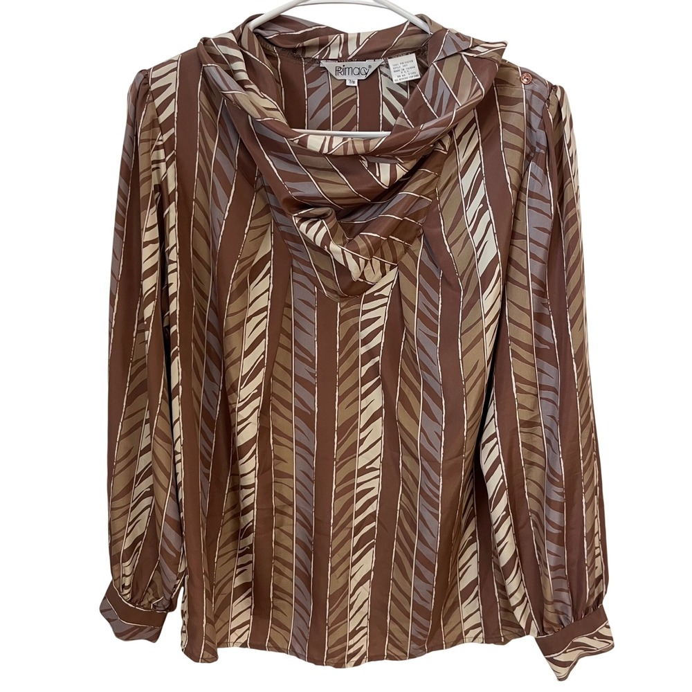 Vintage 70s Primacy Women's Blouse Size 7/8 Brown Stripe Cowl‎ Neck Long Sleeve